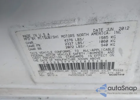 2012 Mitsubishi Galant Es/Se z USA, uszkodzony, nr VIN 4A32B3FF5CE025464